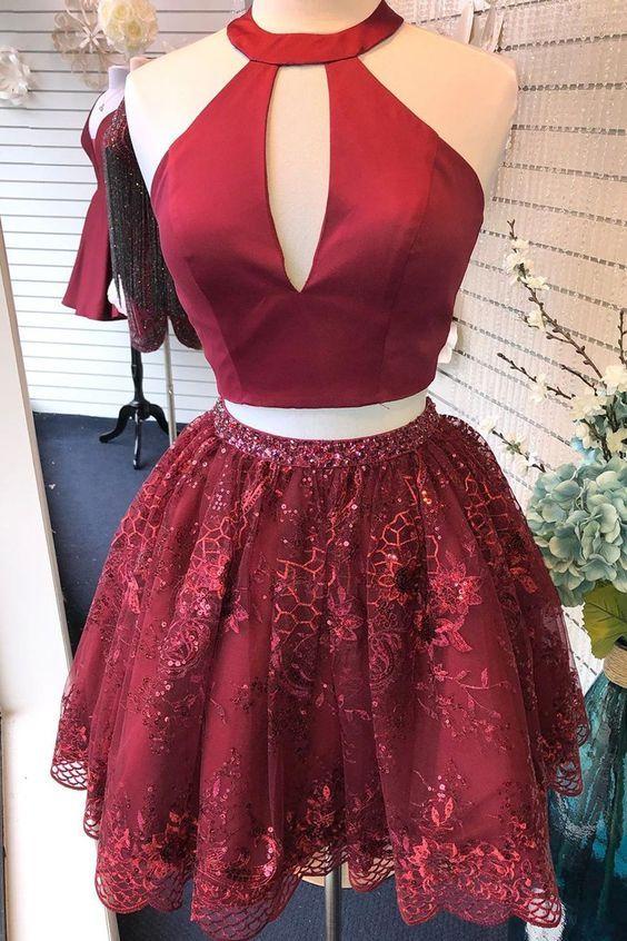 Ansley Homecoming Dresses Two Piece Burgundy Beaded Sequins With Cut Out CD23084