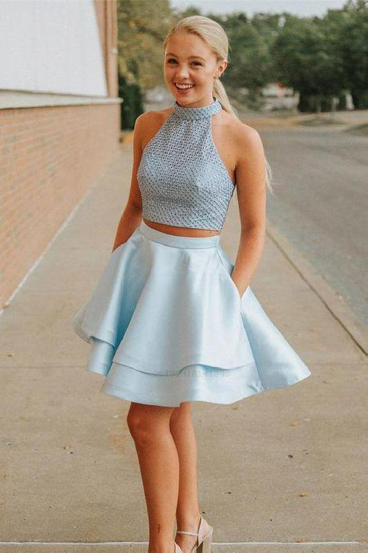 Halter Sleeveless Backless Blue Homecoming Dresses Two Pieces Britney Short CD232