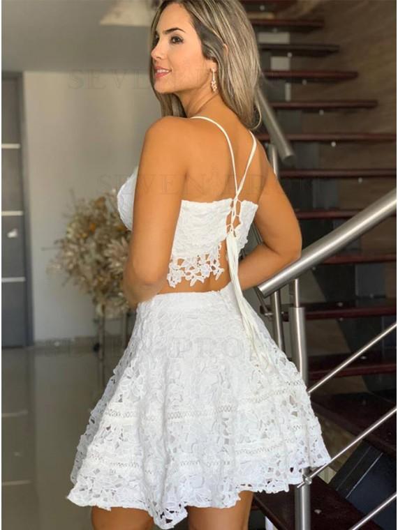 Two Piece Spaghetti Straps Homecoming Dresses Lace Adrianna Short White CD23868