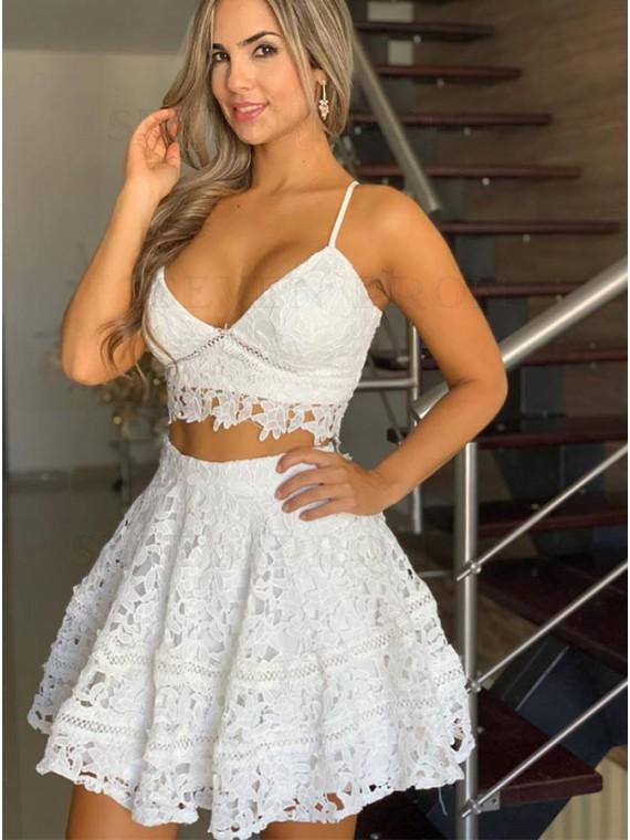 Two Piece Spaghetti Straps Homecoming Dresses Lace Adrianna Short White CD23868