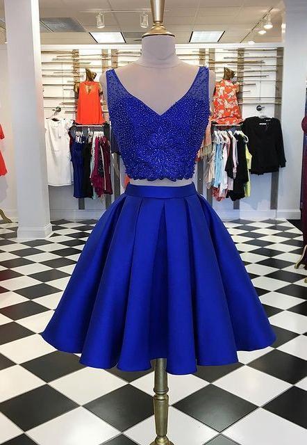 With Beading Top Dance Dresses Kelly Two Pieces Royal Blue Homecoming Dresses CD23948