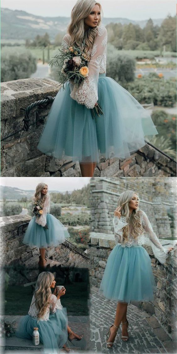 Cheap Tulle And Blue Short Ally Lace Homecoming Dresses Two Pieces Dress CD24