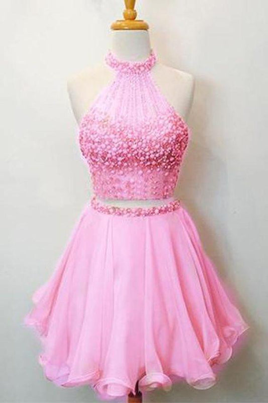 Pink Homecoming Dresses Lilliana Hot Two Piece Halter Beaded Scoop Neck Keyhole Back CD24615