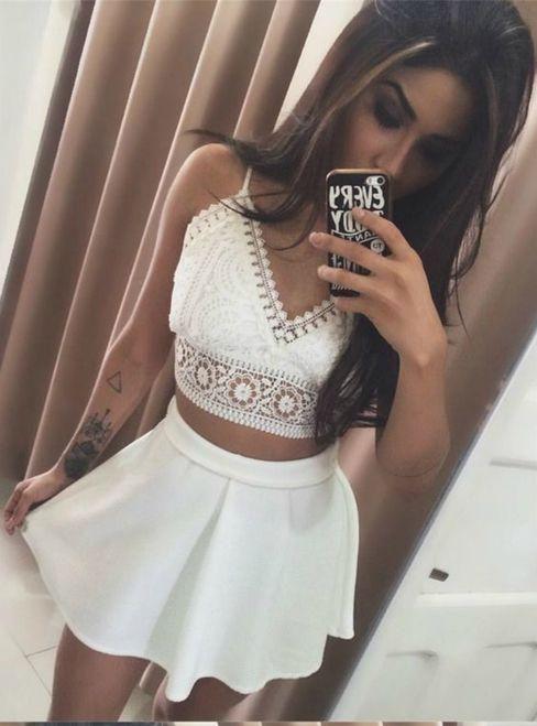 White Two Piece Spaghetti Straps Short Lace Homecoming Dresses Paisley CD24635