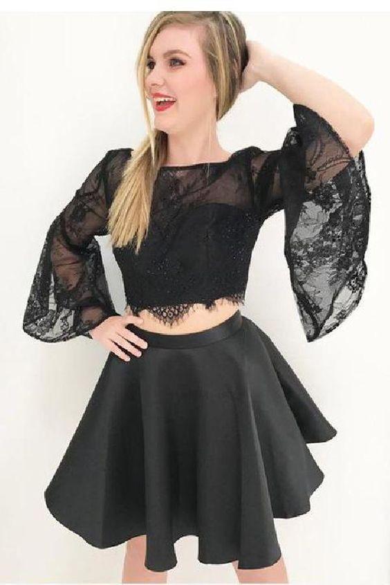 Two Piece Black Short Nathalie Homecoming Dresses 2 Piece Bell Sleeves CD254