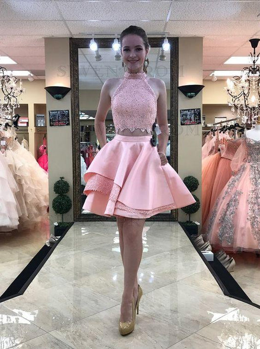 Two Piece High Neck Above-Knee With Lace Homecoming Dresses Kennedy Pink Pockets CD2832