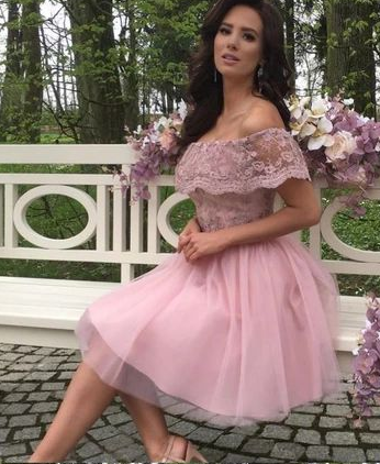 Dusty Tulle Lace Pink Homecoming Dresses Camila Off Shoulder CD3015