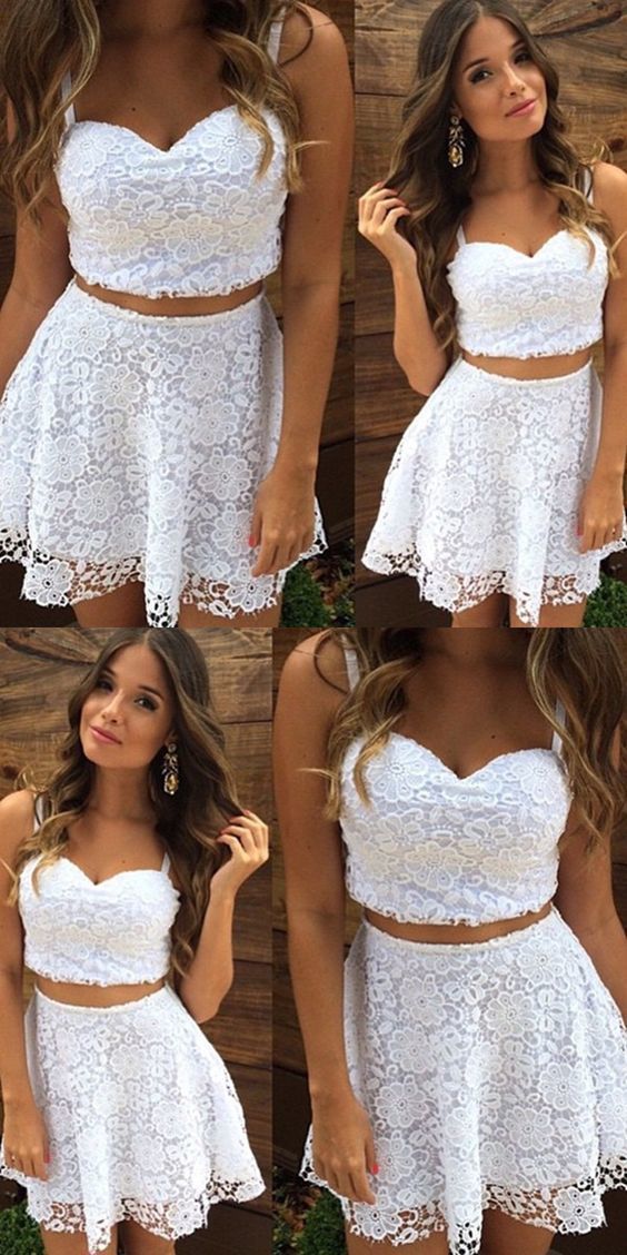 Two Piece Straps Short White Dress Cheap Azul Homecoming Dresses Lace Cocktail CD319