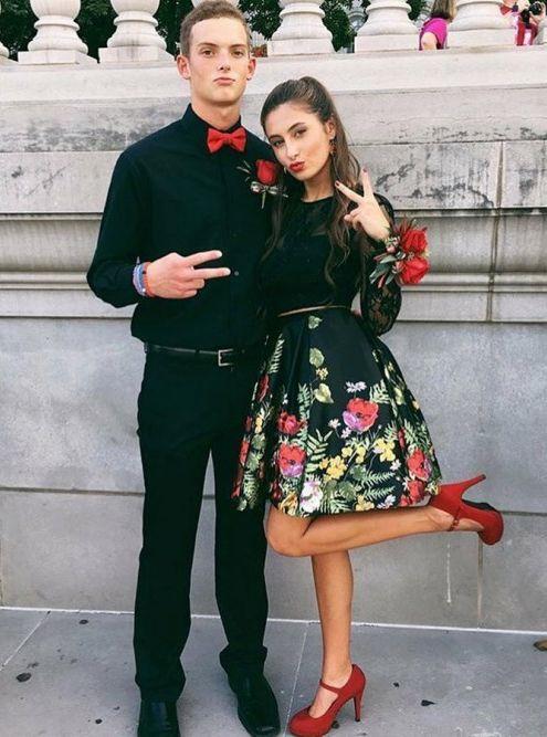 Two Piece Jewel Bodice Long Sleeve With Floral Print Satin Sarah Homecoming Dresses Lace Skirt CD3276