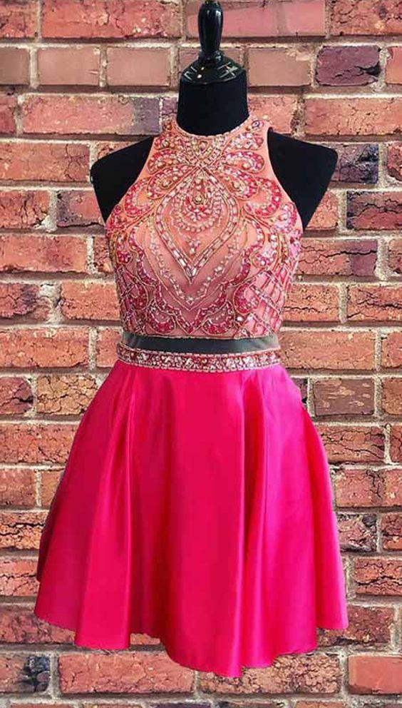 Beaded Two Piece Homecoming Dresses Pink Breanna Short Dress Hot CD3311