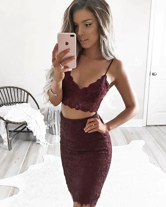 Two Piece Burgundy Spaghetti Straps Tight Homecoming Dresses Helen Lace CD3319