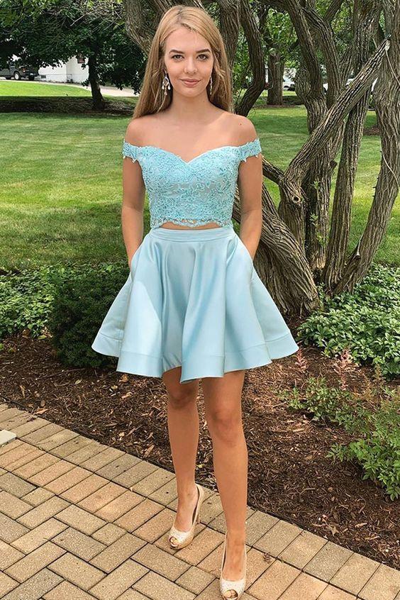 Mira Homecoming Dresses Two Piece Off-The-Shoulder Blue With Appliques CD3341