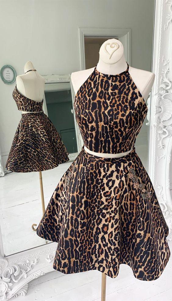 Backless Leopard Short Two Pieces A Line Savanah Homecoming Dresses With Pockets CD3431