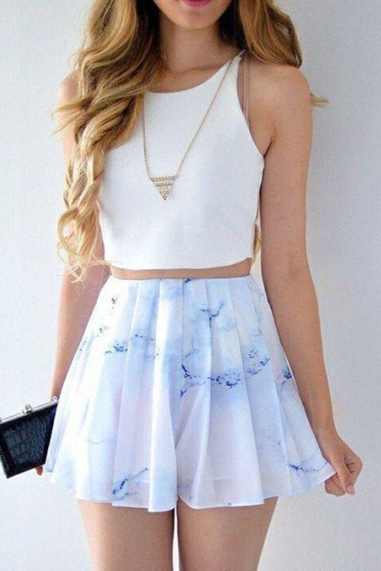 Skyla Homecoming Dresses Chiffon Two Piece Bateau Short Printed White CD368