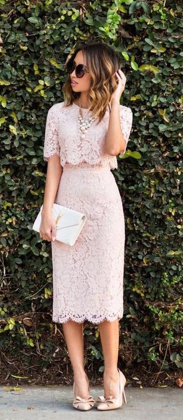 Desirae Cocktail Homecoming Dresses Lace Pink Two Piece Dress Short Sleeves Midi CD3759