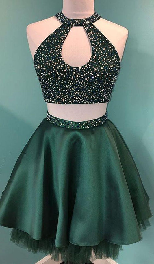 Unique Halter Beaded Green Cute Homecoming Dresses Satin Carley Two Piece CD3805