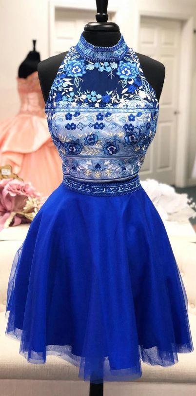 Two Piece With High Neck And Royal Blue Ayla Homecoming Dresses Floral Top CD3900