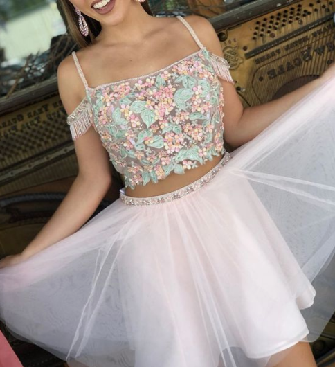 Pink Homecoming Dresses Jennifer Two Piece Short Cute CD3906