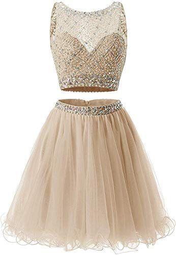 Short Juniors A Line Alaina Homecoming Dresses Two Piece Dress Short Tulle Beaded Sequins Party Dresses CD3927