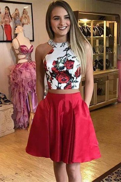 Two Piece Homecoming Dresses A Line Dulce Floral Red Short With Pocket Simple Knee Length Graduation Party Dress CD407