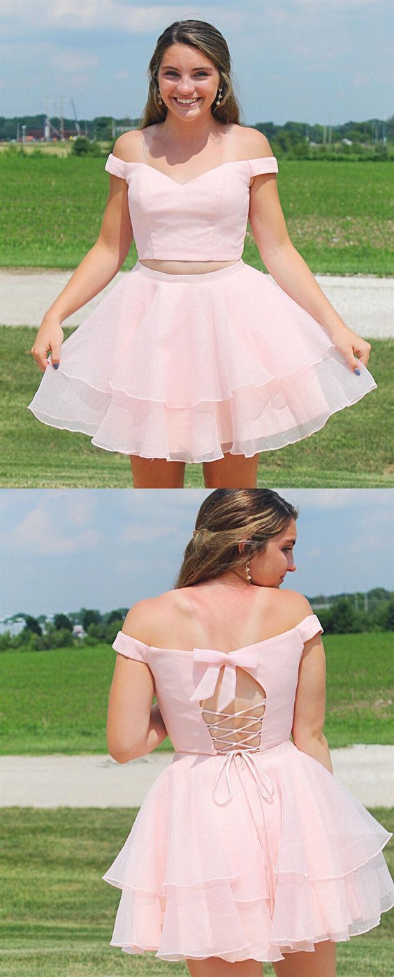 Off The Two Pieces Annabelle Homecoming Dresses Pink A Line Shoulder With Beading CD4081