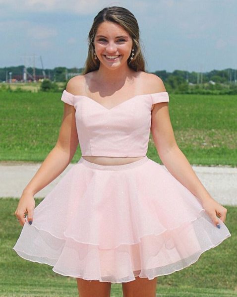 Off The Two Pieces Annabelle Homecoming Dresses Pink A Line Shoulder With Beading CD4081