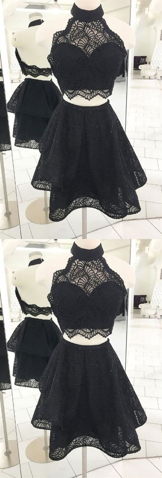 Mila Homecoming Dresses Lace Cocktail Two Pieces Black Halter Short Dresses CD417