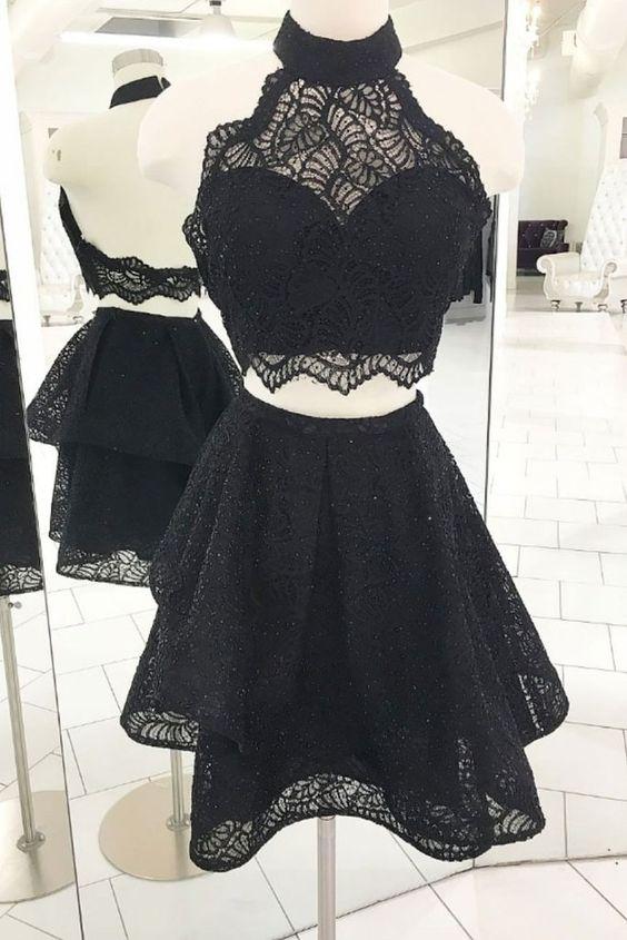 Mila Homecoming Dresses Lace Cocktail Two Pieces Black Halter Short Dresses CD417