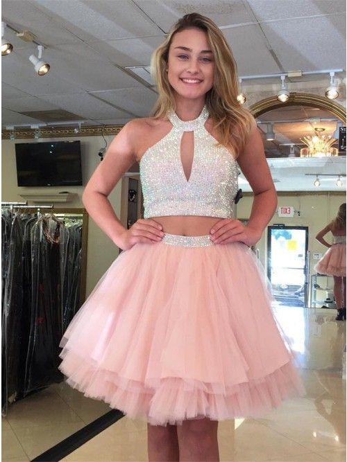 Cute Halter Two Piece Homecoming Dresses Pink Shaniya Beaded Short CD419