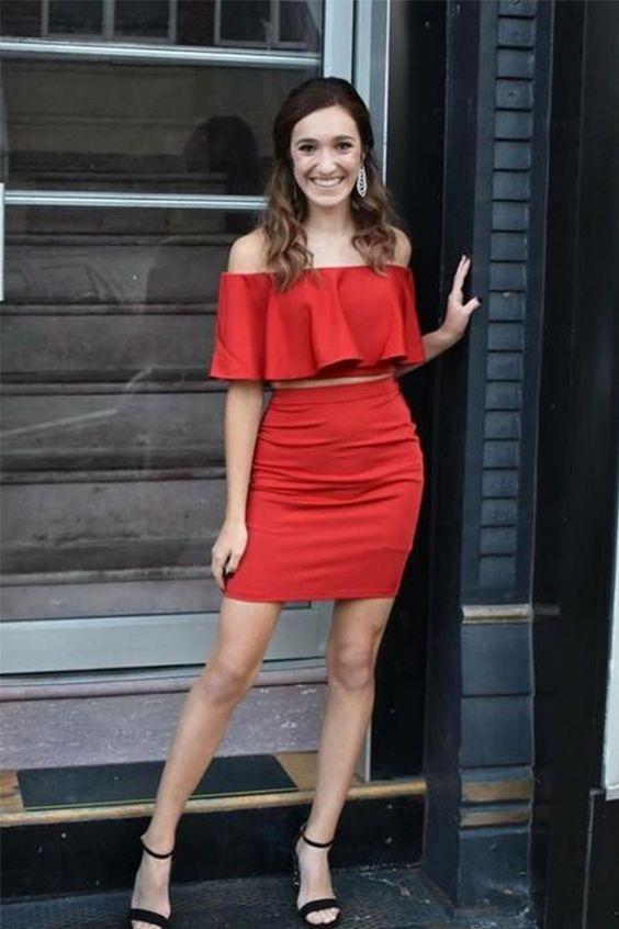 Two Piece Homecoming Dresses Sabrina Off-The-Shoulder Above-Knee Red With Ruffles CD4447