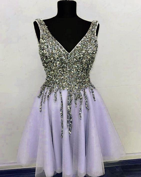 Short Tulle V Neck Hana Homecoming Dresses Sequin Beaded CD4753