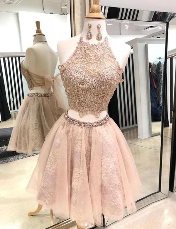 Halter Champagne Short Homecoming Dresses Two Pieces Tatiana With Appliques CD527