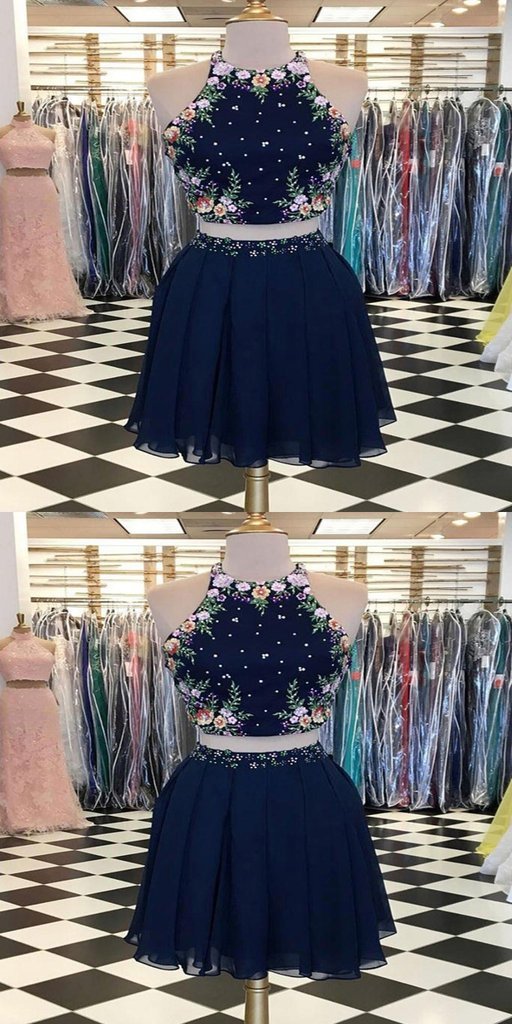 Sexy Navy Blue Short With Halter Neckline Affordable Two Pieces Homecoming Dresses Lilly CD590