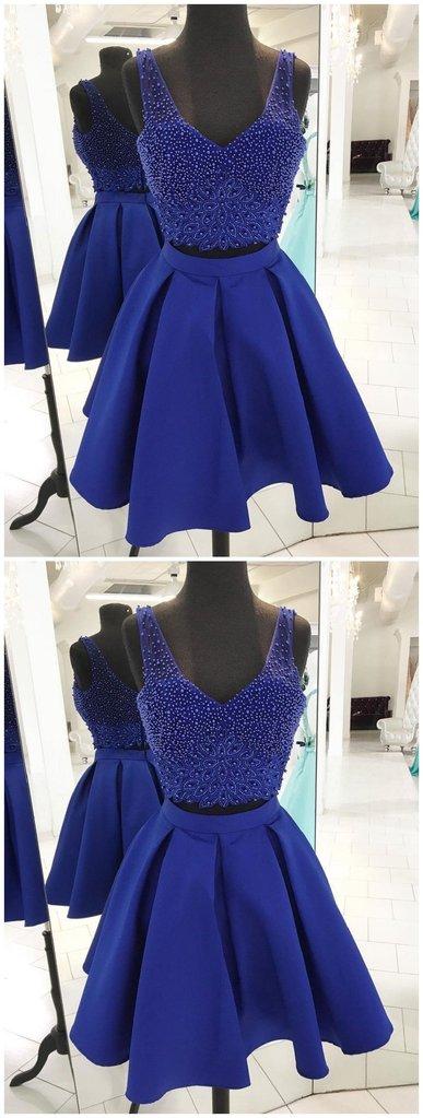 V Neck Beaded Two Piece Royal Blue Pat Homecoming Dresses CD65