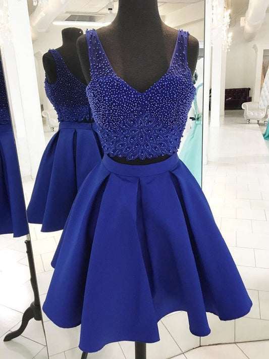 V Neck Beaded Two Piece Royal Blue Pat Homecoming Dresses CD65