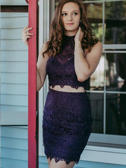 Lena Homecoming Dresses Lace Two Piece Purple Beaded Tight CD661