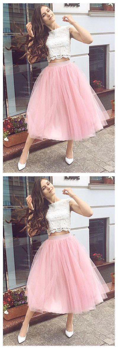 Fashion Two Piece Tulle Party Pink Joanne Lace Homecoming Dresses Dress CD8030