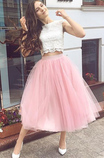 Fashion Two Piece Tulle Party Pink Joanne Lace Homecoming Dresses Dress CD8030