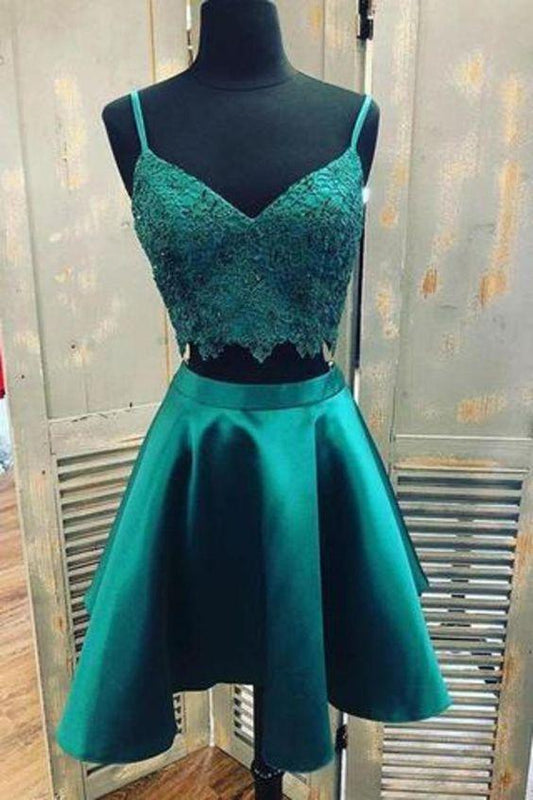 Teal Two Piece Satin Lace Homecoming Dresses Sandy With Spaghetti Strap Graduation CD8105