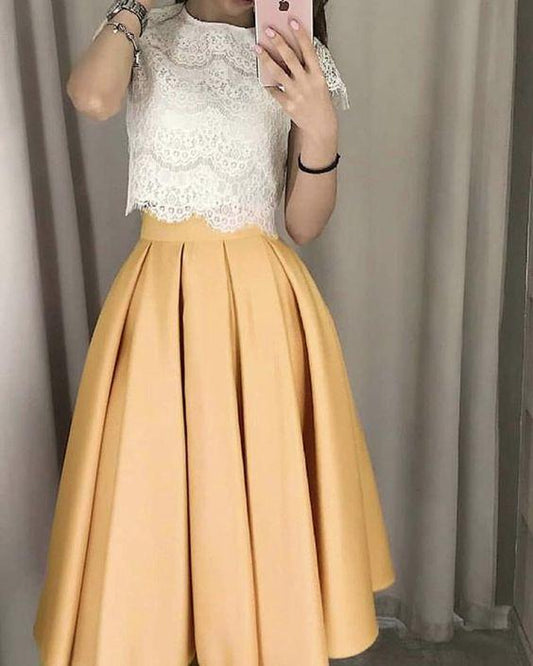 White Crop Homecoming Dresses Lace Autumn Two Piece CD8663