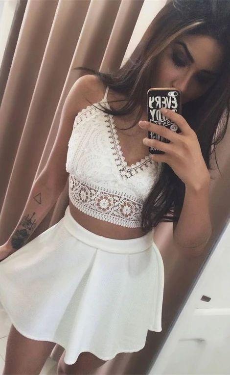 Two Piece Spaghetti Straps Short White Homecoming Dresses Lace Miriam With CD8957