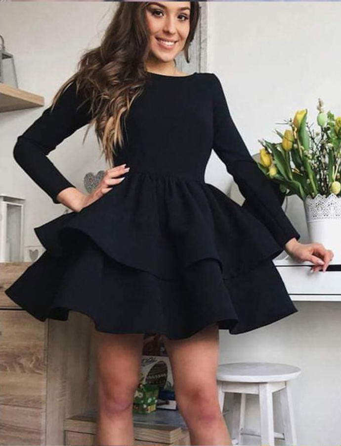 Simple Black Layered Satin Homecoming Dresses Lilliana With Long Sleeves CD929