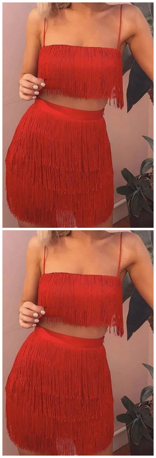 Sleeveless Spaghetti Strap Fringe Crop Top Homecoming Dresses Liz Bodycon Two Piece Mini CD9312