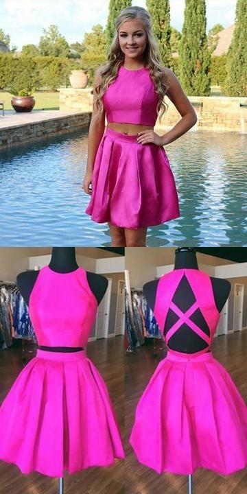 Two Piece A-Line Jewel Homecoming Dresses Olympia Satin Open Back Short With Pleats CD9342