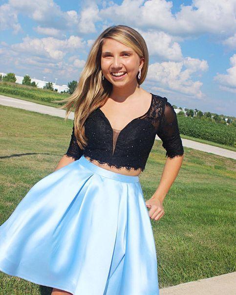 Two Piece Black And Light Sky Blue Lori Homecoming Dresses Short CD9552