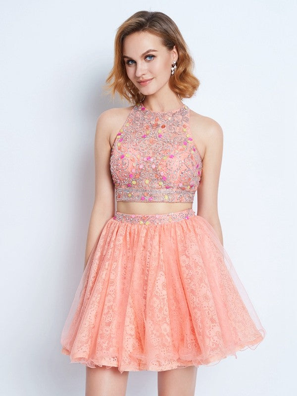 Homecoming Dresses A-Line/Princess Jewel Sleeveless Lace Kathryn Beading Short/Mini Two Piece Dresses