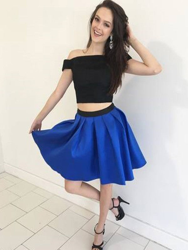 Asia A-Line/Princess Sleeveless Off-the-Shoulder Homecoming Dresses Satin Ruffles Two Piece Short/Mini Dresses