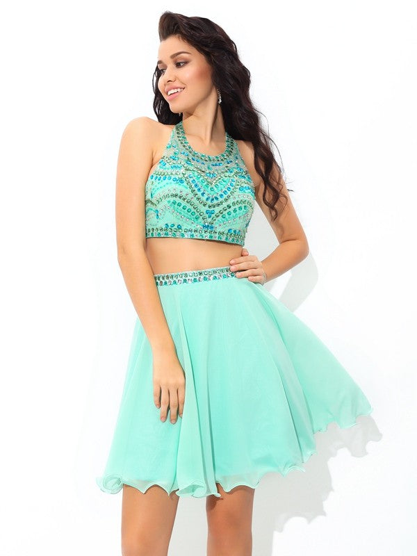 A-Line/Princess Sheer Neck Homecoming Dresses Rhinestone Lacey Sleeveless Short Chiffon Two Piece Dresses