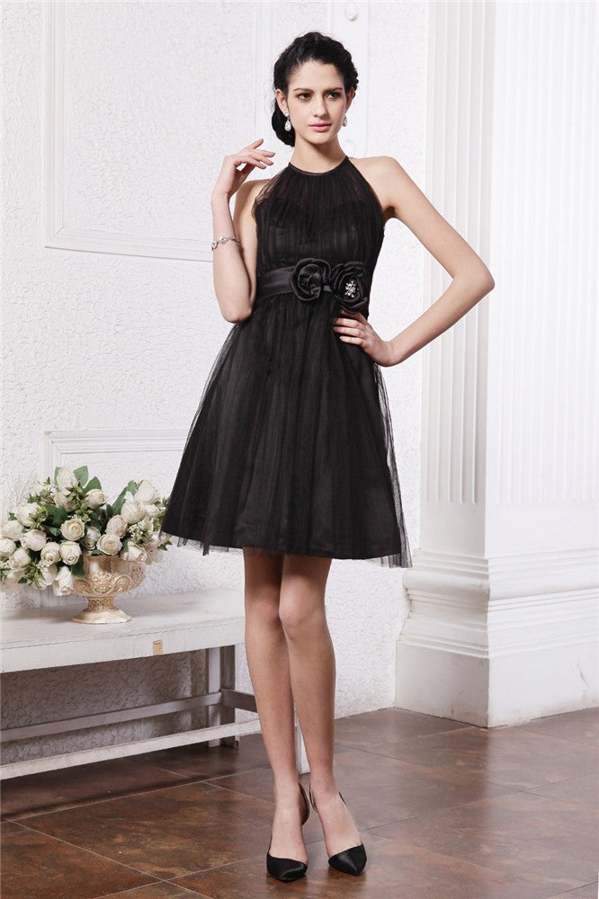 Jacqueline A-Line/Princess Scoop Sleeveless Hand-Made Homecoming Dresses Flower Short Net Cocktail Dresses