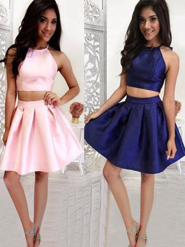 A-Line/Princess Ruffles Homecoming Dresses Halter Samantha Satin Sleeveless Short/Mini Two Piece Dresses